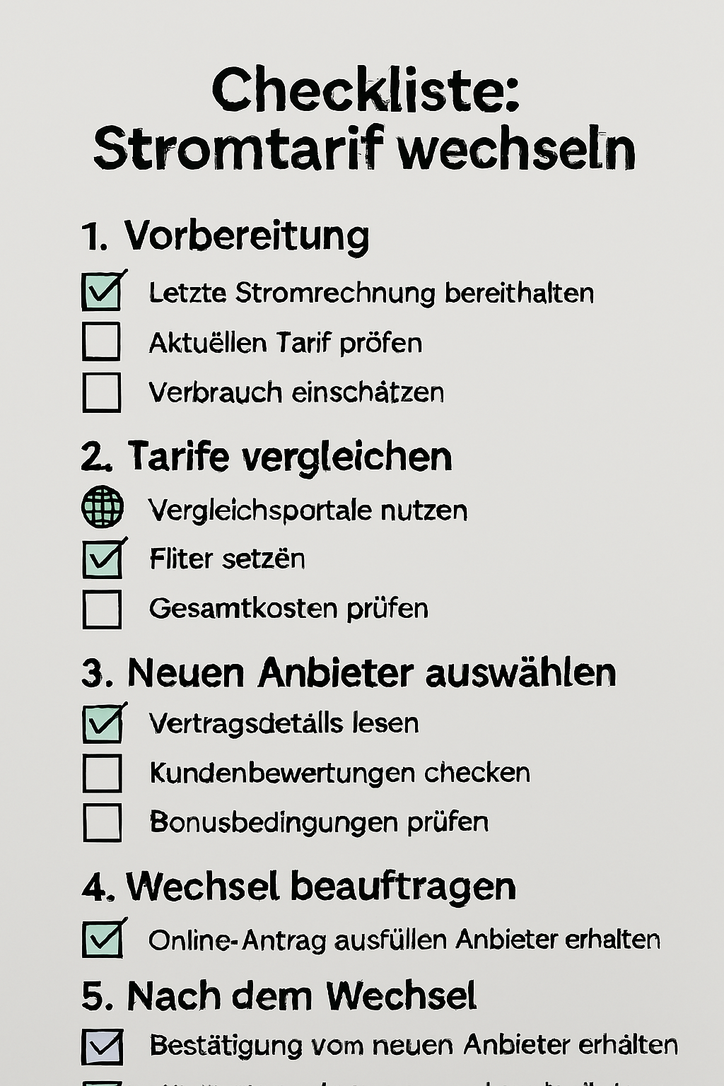 Checkliste für Wechsel von Stromtarif